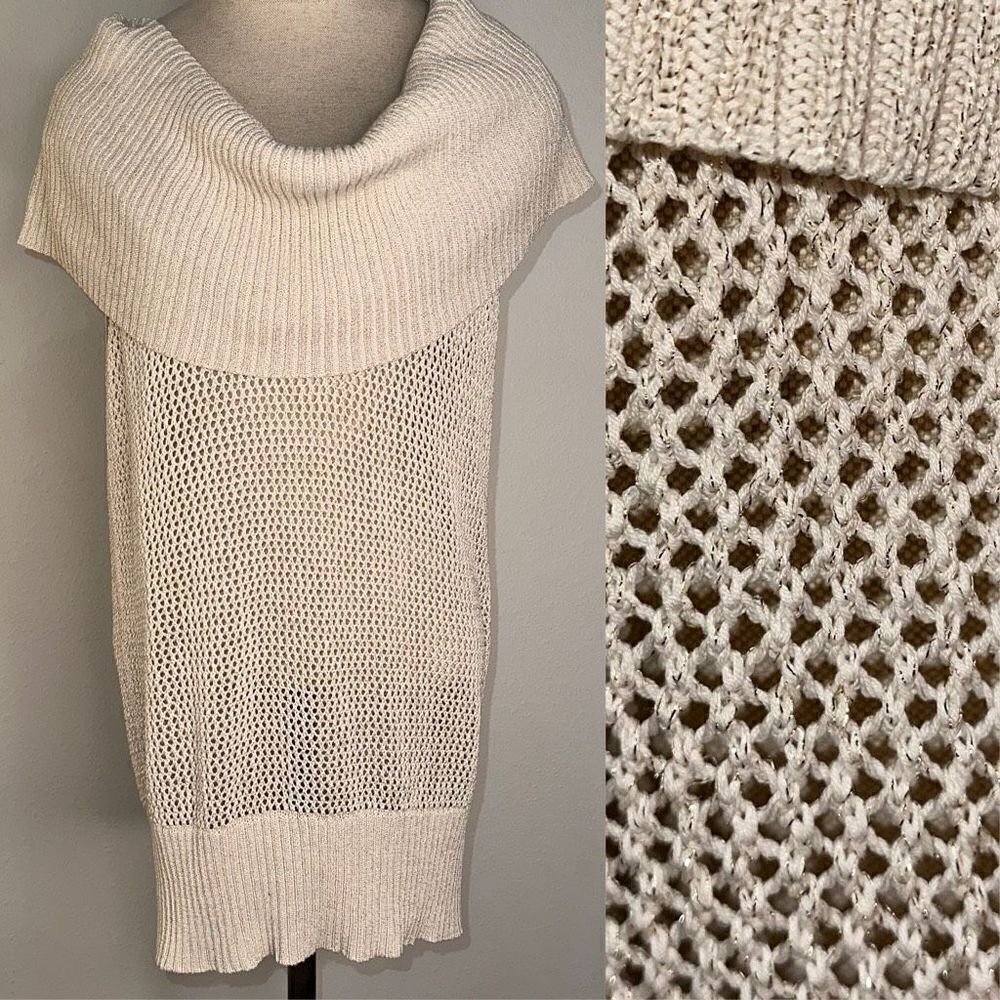 Cache Neutral Metallic Open Knit Sleeveless Sweater‎ Silk Blend Womens Large